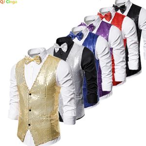 Gold Sequin Vest Men's Single-breasted V-neck Sleeveless Vests Coat Wedding Party Waistcoat Silver Blue Purple Red 240104