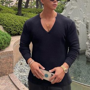 Men's T Shirts Streetwear Stylish Texture Long Sleeve Tees Male Autumn Solid Color Clothing 2024 Men Casual V-neck Basic Tops