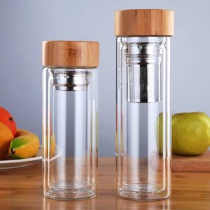 300/400/500ml Çift Duvar Cam Su Şişesi Paslanmaz Çelik Filtreler Bambu Kapak Seyahat Ev İçecek Tea Infuser Ofis Çay Kupası 240105