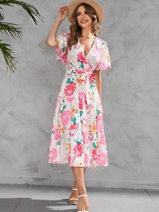 Vestidos de festa verão feminino estilo boêmio maxi vestido longo floral algodão praia v pescoço boho roupas vestido robe feminino