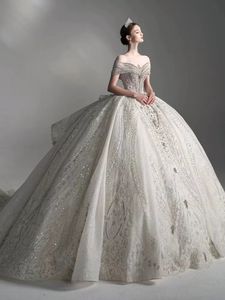 2024 Abiti da sposa a sfera Off spalla per perle di cristallo appliqued piena illusione illusione in pizzo lungo tulle Dubai Abiti da sposa arabi da sposa più abito bling di dimensioni 403