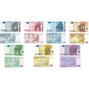 Kopiergeld, tatsächliche Größe 1:2, Requisite, europäische Banknote, farbig bedruckt, Euro- und Pfund-Gedenkmünze, Tapoh