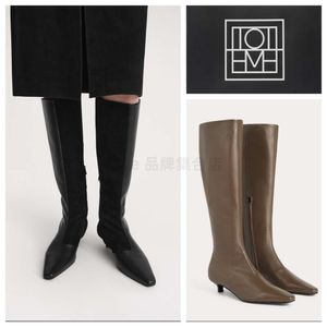 Toteme black women's shoes Buy cat heel calf leather pointed square high tube knee length boots for women