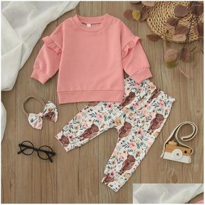 Kleidungssets Kleinkind Mädchen Langarm Rüschen T-shirt Regenpfeifer Tops Cartoon Kuh Drucke Hosen Kleine Outfits Decke Wrap Set Drop Del Dhnaa