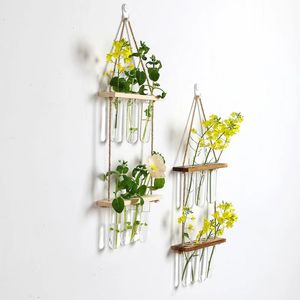 Creative Solid Wood Hydroponic Test Tube Glass Wall Hanging Wall Decoration Vase Home Plant Hanging Wall Decoration Container 240105