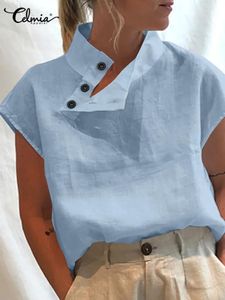Bluz celmia şık pamuk üstleri 2023 yaz kısa kollu kadınlar bluz moda bayanlar düğme katı gömlekler rahat gevşek blusas kimya