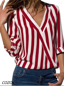 Женские блузки 2024, осень, v-образный вырез, полосатый пуловер Modis, блузка, женская повседневная свободная офисная винтажная элегантная шикарная женская блузка с длинным рукавом