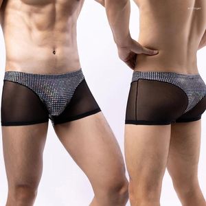 Underpants Men Mesh Sequined Patchwork Boxer Shorts Sissy Sheer Gay Panties Briefs Cueca Lingerie Seamless Slip Homme Underwear Boxershorts