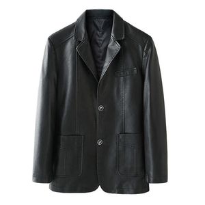 Idopy Autumn Longeeve Men's Faux Leather Jacket3ボタンブレザーカラービジネスカジュアルジャケットコートプラスサイズL-6XL 240104