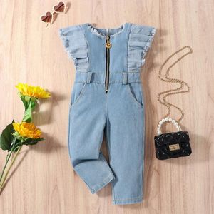 Conjuntos de roupas Atacado Chegada Criança Crianças Macacões Calças Denim Ruffles Patchwork Manga Zipper-Up Cintura Alta Long Romper para Meninas