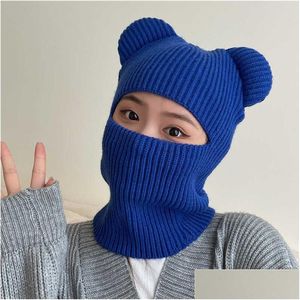 Cycling Caps Masks Funny Clava Winter Cute Bear Ears Knitted Hat Women Warm Fl Face Er Ski Mask Men Outdoor Sport Windproof Beanie Dhj3V