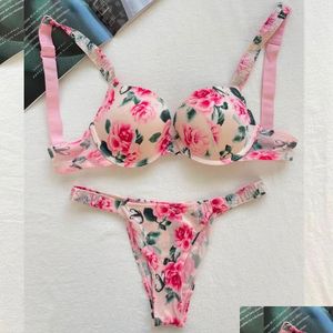 Kvinnors trosor Victorias Secret Letter BH och trosor Set Sexig spetskvinnor Underkläder thong underkläder Push Up Seamless Pink Gift Suit 2 Dhtor