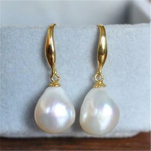 10-12mm Natural White Baroque Pearl Earrings 18K Dangle Hook wedding cultured teardrop 240104