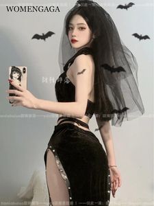 Рабочие платья WOMENGAGA Sweet Spicy Dark Bride Sister Cross Neck, висящий Cheongsam с заклепками, полый комплект с повязками для девочек, топ, юбки W2D