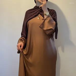 Etnik Giyim Satin Abaya Cepleri Ücretsiz Kemer Düğmesi Düz Renk Mütevazı Moda Eid Ramazan İslami Temel Müslüman Kadınlar Elbise