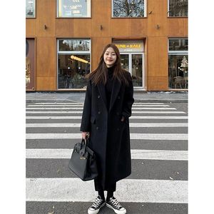 MEXZT Длинное полушерстяное пальто Уличная одежда Черный пиджак Корейские стеганые шерстяные куртки Зимнее элегантное пальто Толстая верхняя одежда 240105