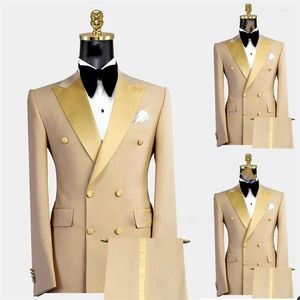 Ternos masculinos terno masculino entalhado lapela festa sólida duplo breasted smoking formal fino ajuste noivo cáqui para casamento 2 peças (calças blazer)