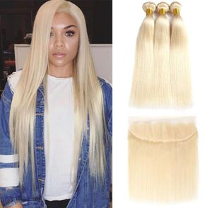 Blonde Bundles mit Frontal-Brasilianer-Jungfrau-Haar, 613 Blonde, seidig glattes Echthaar, 3 Bundles mit 13 x 4 Spitzen-Frontal, 1025991703