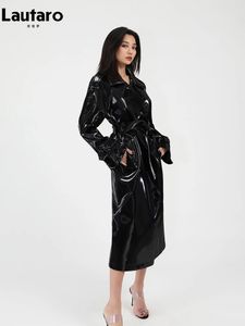 Lautaro Spring Autumn Long Shiny Reflective Patent Leather Trench Coat for Women Sashes Luxury Designer Runway European Fashion 240104