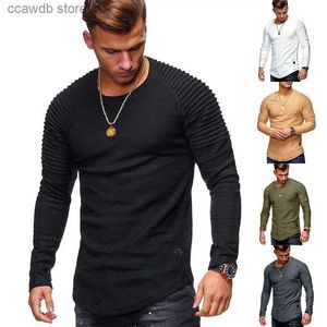 Mäns T-shirts Spring och Autumn New Men's Solid Color Slim Round Neck Long Sleeve T-Shirt Fashion Fold With Axel Sleeve Sports T-Shirt T240105