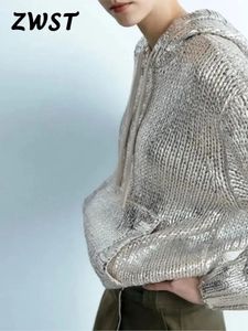 Silver Fashion Hooded Sweater Women Y2K Autumn Winter Long Sleeve Loose Female Pullover 2023 Streetwear Drawstring Sweatshirt 240105