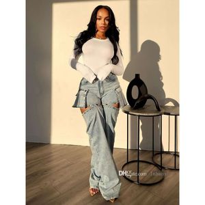 Streetwear Cargo Denim Pants Women Side Pocket Detachable Shorts 2024 Fashion Button Splicing Straight Wide Leg Jeans Trousers