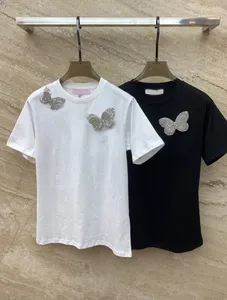 Fashion Runway Sommer 2 Farbe Casual T-Shirts frauen Oansatz Kurzarm Diamant Schmetterling Muster Lose Tops