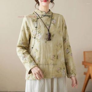 Ethnic Clothing 2024 Chinese Vintage Qipao Improved Coat Retro Tang Suit Traditional Flower Print Cotton Linen Jacket Oriental Fleece Lined