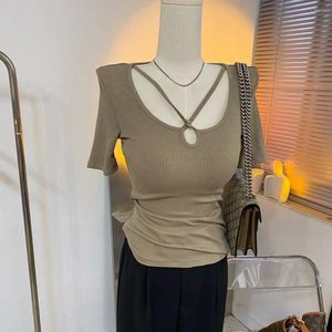 Women's T Shirts BEENLE Simple Light Luxury Korean Fashion Neckline Hanging Neck Sexy Slim Bottoming Shirt Square Collar Short Sleeve