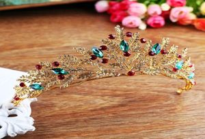 Vintage Altın Rhinestone Yeşil Kırmızı Kristal Gelin Taç Taç El Yapımı Noiva Diadem Başlık Düğün Saç Takı Aksesuarları JL T4702340