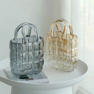 Clear Glass Vase Bag Handbag Basket Transparent Terrarium Flower Vase Floral Arrangement Accessories Living Room Decoration 240105