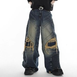 Waschen Sie Four Seasons Men Heavy Weight Techwear Jeans Fashion Cool Straight Segmented Punk StyleDo the old Worn Out Denim Pants 240104