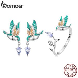 Caixas bamoer sterling sier kingfisher anel aberto e brincos kingfisher processo de esmalte colorido jewerly conjunto para presente feminino