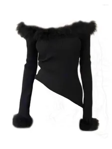 Kadın Sweaters High Street Fashion Slim Slash Boyun Örme Kazak Peluş Peluş Uzun Kollu Siyah Kakiller Kulüp Giysileri Gotik 2000'ler Estetik