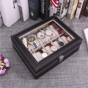 Ringe 2/4/6/8/10 Gitter Leder Uhrenbox Vitrine Halter Schwarz Aufbewahrungsbox Glas Schmuck Organizer für Männer Frauen Beste Geschenkbox