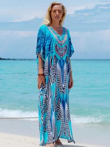 Kvinnors badkläder slits Loose Robe Women 2024 Summer Beachwear Swimsuit Cover-ups Bohemian Seaside Plus Size Print Kaftan Maxi Dress V Neck