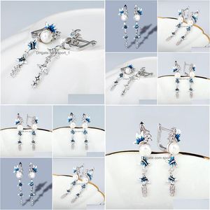 Dangle Chandelier Elegant Blue And White Flower Earrings Long Tassel Pearl Butterfly 925 Sier Womens Jewelry Handmade Enamel Drop D Dhmx2