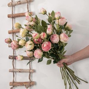 Flores decorativas buquê artificial dupla extremidade queimada borda rosa ramo flor decoração de casa casamento