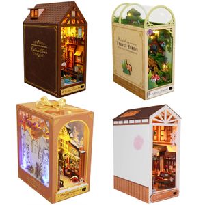 Diy livro nook kit prateleira inserção menor kits de construção de madeira estante sala dollhouse bookend brinquedos para adultos presentes aniversário 240105