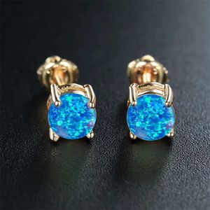 Stud 6mm Round Stone Small Studs Earrblue White Opal Screw Back Earrings For Women Rose Gold Silver Color Vintage Fashion Jewelry J240105