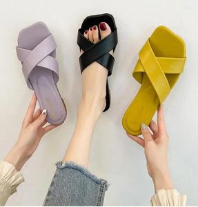 Tofflor Summer Korean Cross Type Women Candy Color Square Headed Flat Shoesing Outside Sandals for Women's