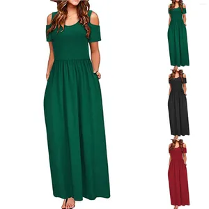 Lässige Kleider für Damen, Sommer, kalte Schulter, Blumendruck, elegantes Maxi-langes Kleid, Taschenanzug