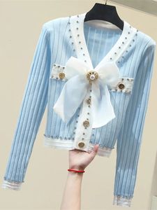 Autumn Sweet Ice Silk Knitted Slim Cardigans Women V-Neck Long Sleeve Diamonds Pearls Single-Breasted Mesh Bow Sweaters 240105