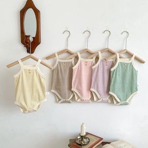 Rompers Summer Korean Baby Boys Girls Bodysuit Born Kids Sling Plaid Romper Overalls Infrant Casual ärmlösa One Piece Clothes