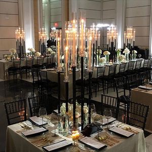 Titulares 9 braços altos candelabros pretos cristal casamento acrílico peças centrais suporte de vela de metal preto para decorações de casamento