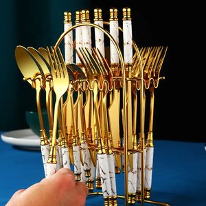 Gold Luxury Dinnerware Set Ceramic Full Tableware Stainless Steel Knife Fork Spoon Set 24 Piece Kitchen Table Cutlery Gift 240105