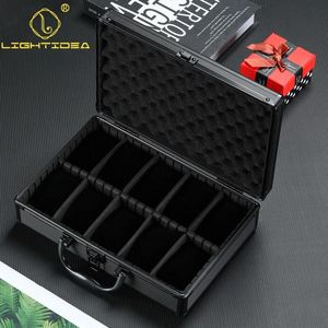 Anéis caixa de relógio organizador preto transparente liga alumínio caixa de relógio de armazenamento de metal com travesseiro cofre grande mala