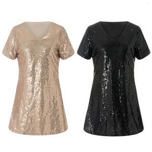Casual Dresses Puloru Shiny Sequined Mini Dress Women's Summer Short Sleeve V Neck Loose Party Night Street Clubwear Outfit