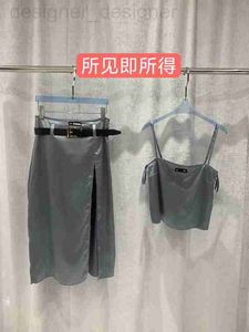 Платье из двух частей дизайнерского бренда miumius Summer New Label с надписью на бретельках, топ с поясом, юбка с разрезом, удобный и стильный комплект для женщин UTG5