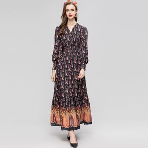여자 활주로 드레스, 섹시한 v 목, 긴 소매, 인쇄, 우아한, 하이 스트리트